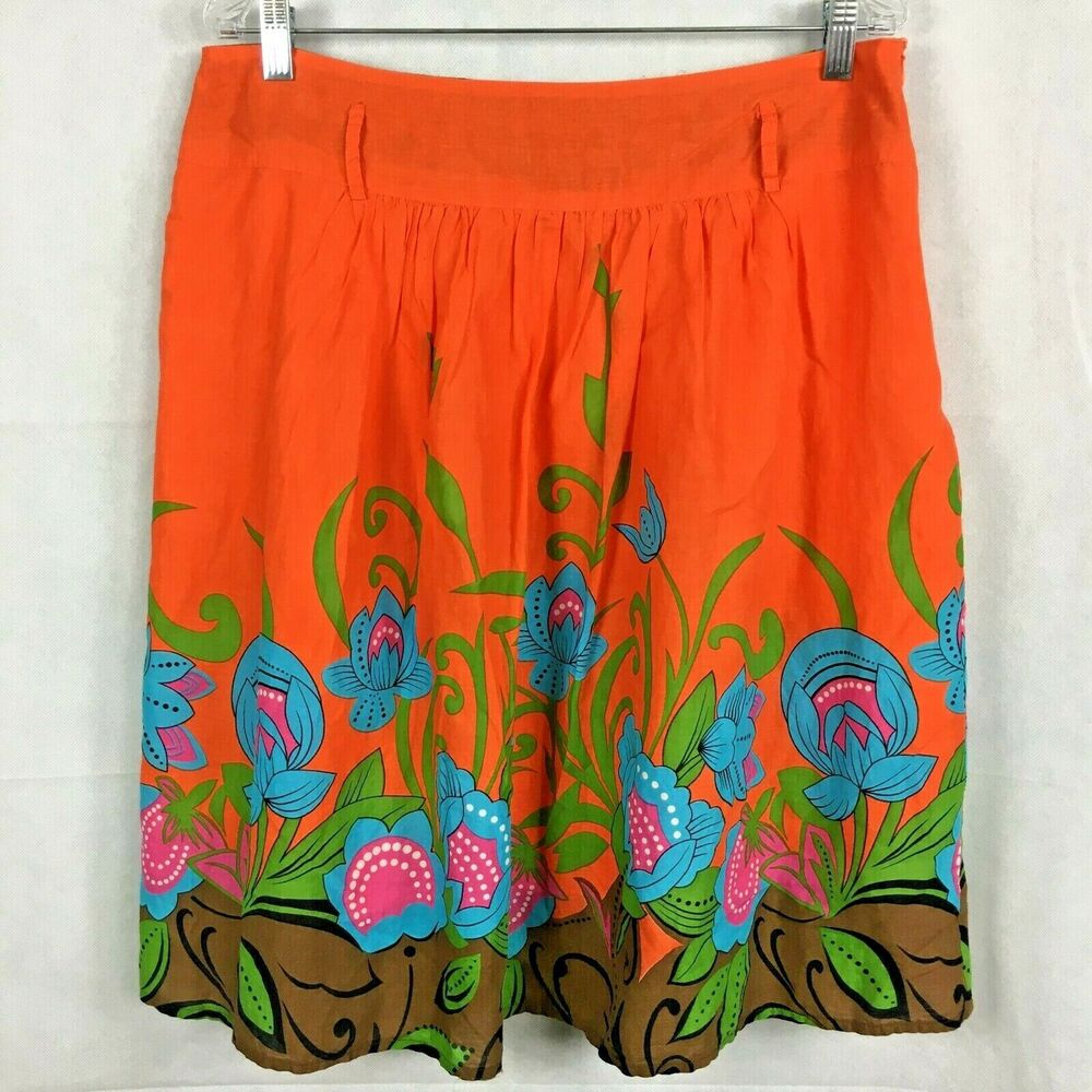 Mint Green Skirt Womens‎ Sz XL Orange Floral 100% Cotton A Line Side Zip